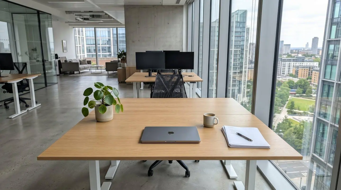 Environnement de bureau moderne et lumineux avec ordinateur portable fermé et plante verte, espace de travail professionnel épuré sans présence humaine