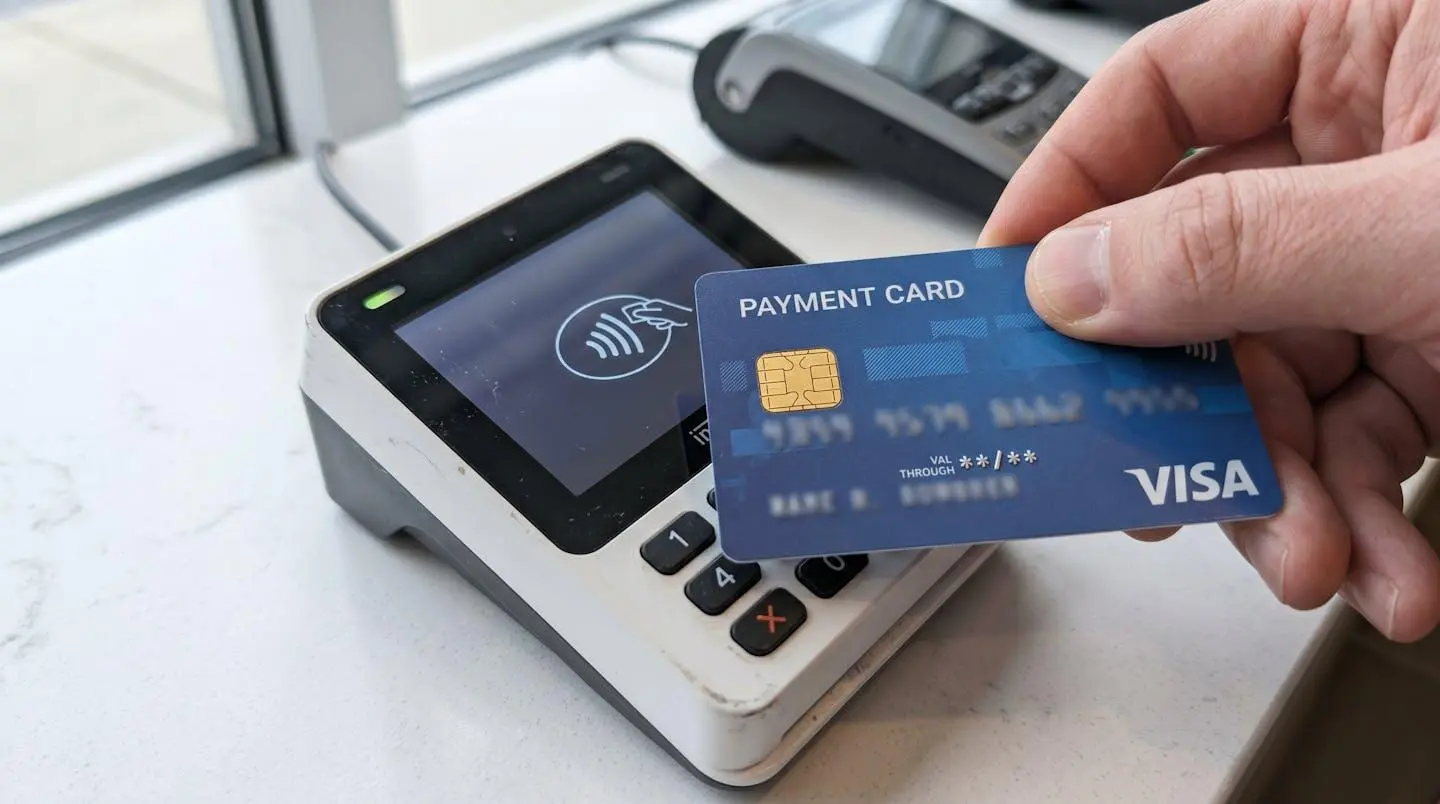 Gros plan sur une carte bancaire Visa posée à côté d'un terminal de paiement moderne sans contact, sur un comptoir propre et lumineux