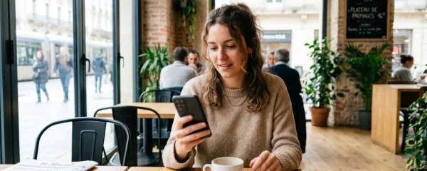 Une jeune femme souriante consulte une application bancaire sur son smartphone, assise à une table de café lumineux avec une tasse de café