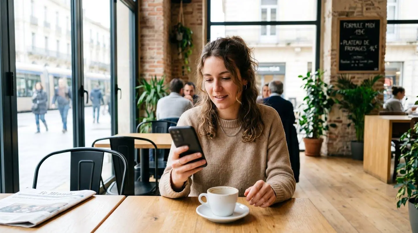 Une jeune femme souriante consulte une application bancaire sur son smartphone, assise à une table de café lumineux avec une tasse de café