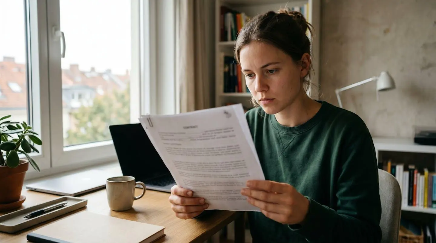 Une personne lit attentivement un document contractuel bancaire imprimé, mains tenant les feuilles, texte complètement flouté