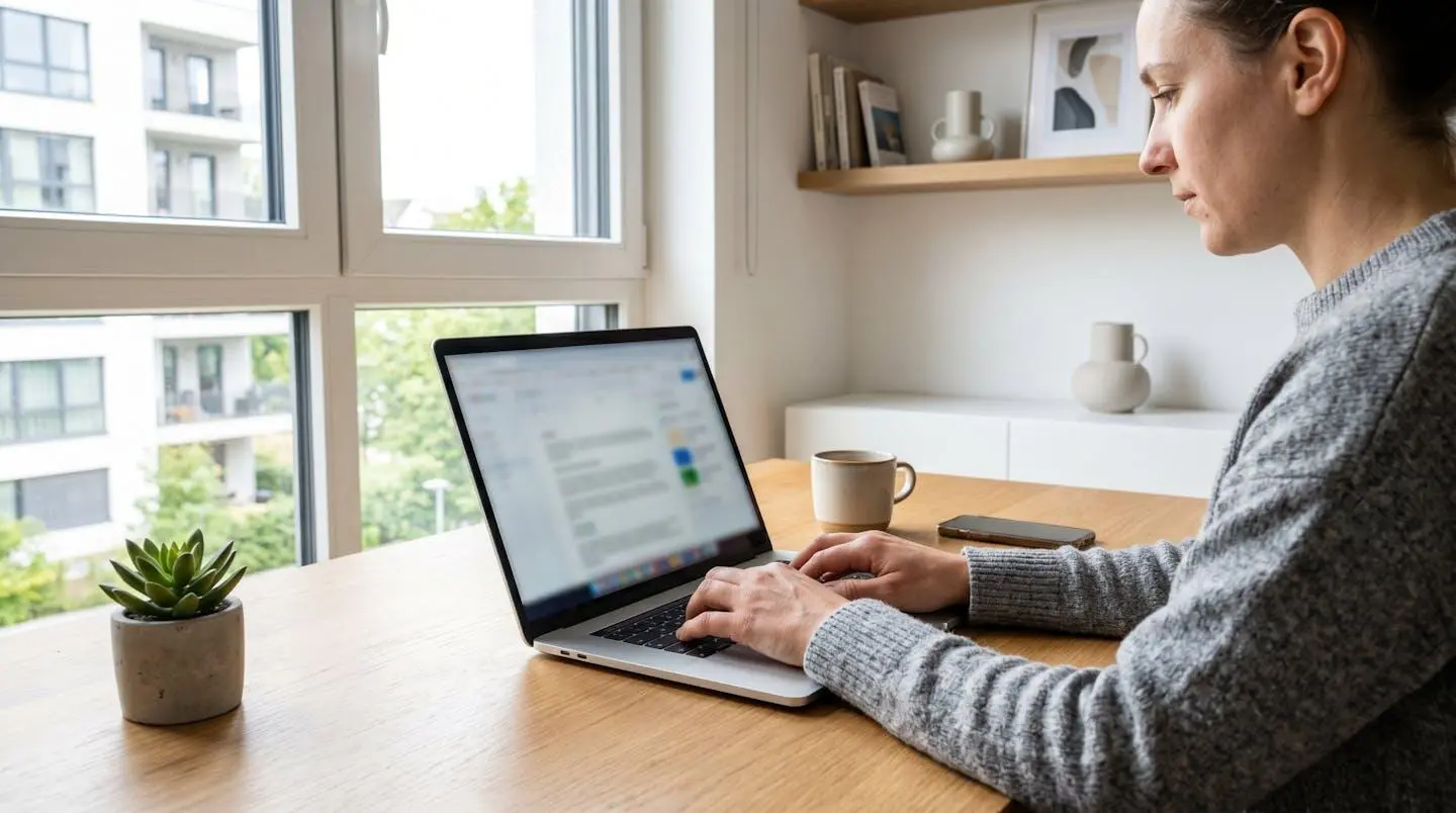 Une personne remplit un formulaire en ligne sur un ordinateur portable moderne dans un environnement de bureau lumineux, écran complètement flouté