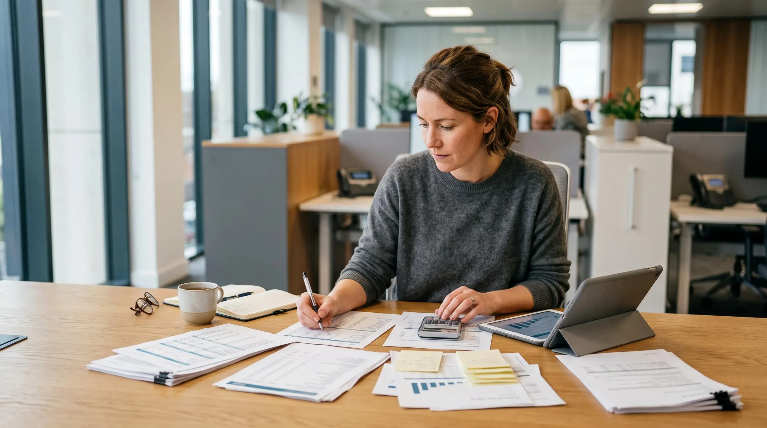Une personne examine attentivement des documents financiers et des informations sur les placements à son bureau