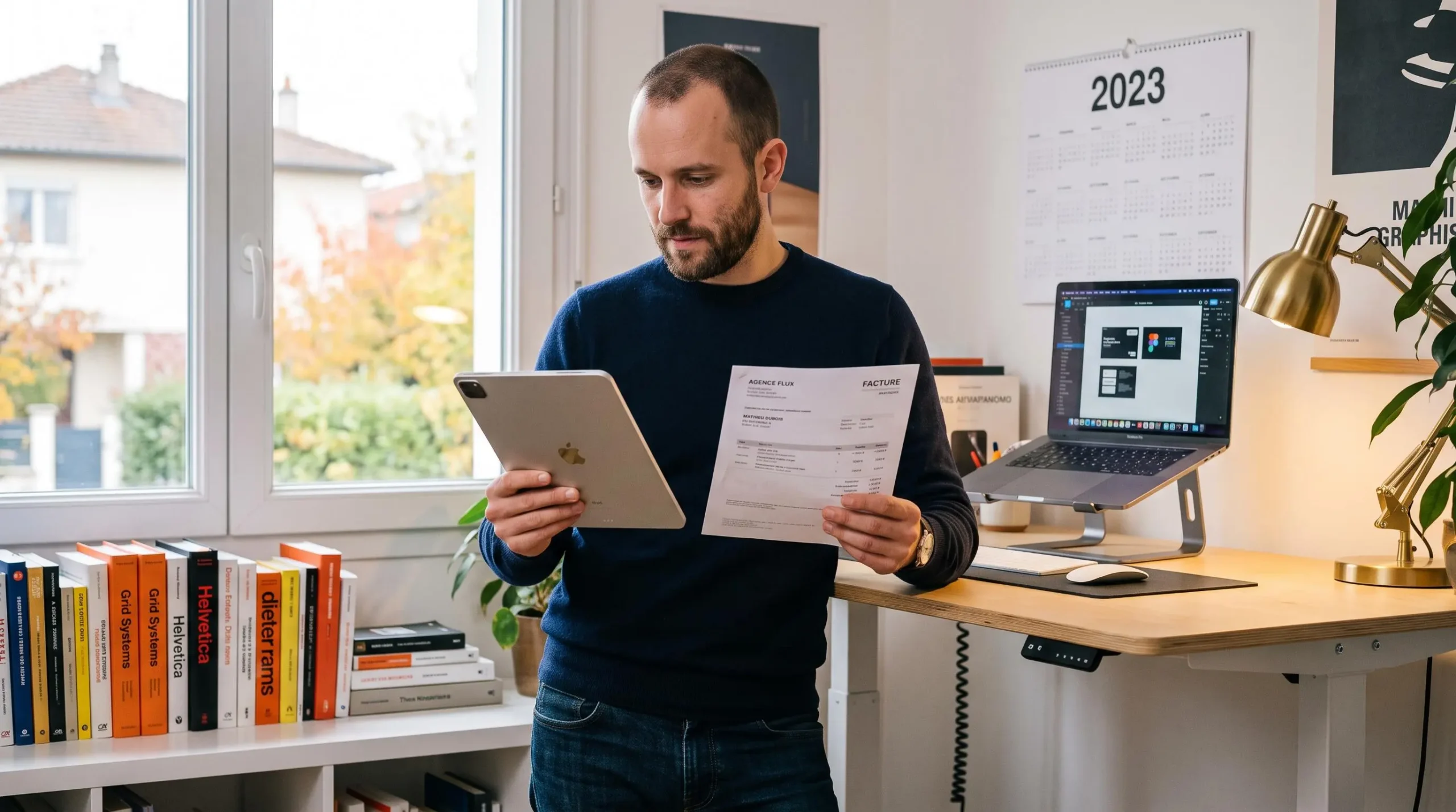 Freelance debout à son bureau consultant ses comptes professionnels et personnels sur tablette