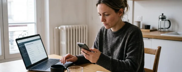 Femme consultant ses comptes bancaires sur son smartphone à sa table de cuisine