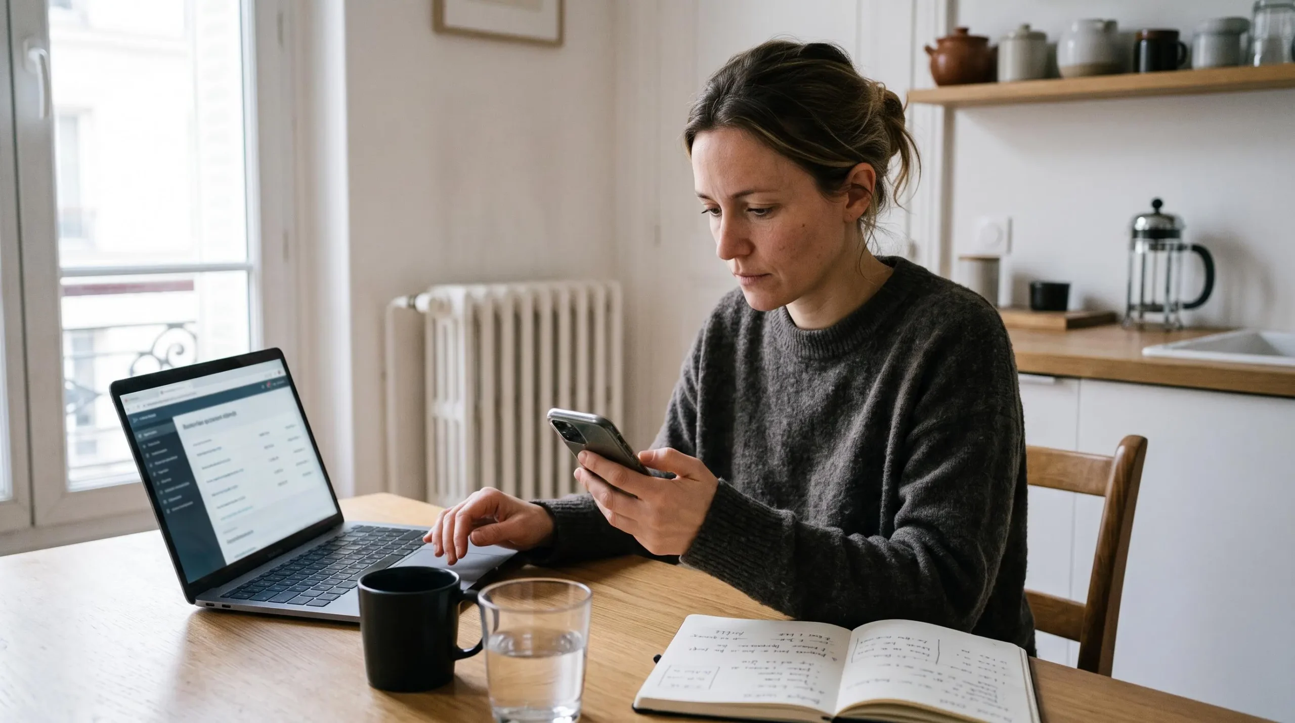 Femme consultant ses comptes bancaires sur son smartphone à sa table de cuisine