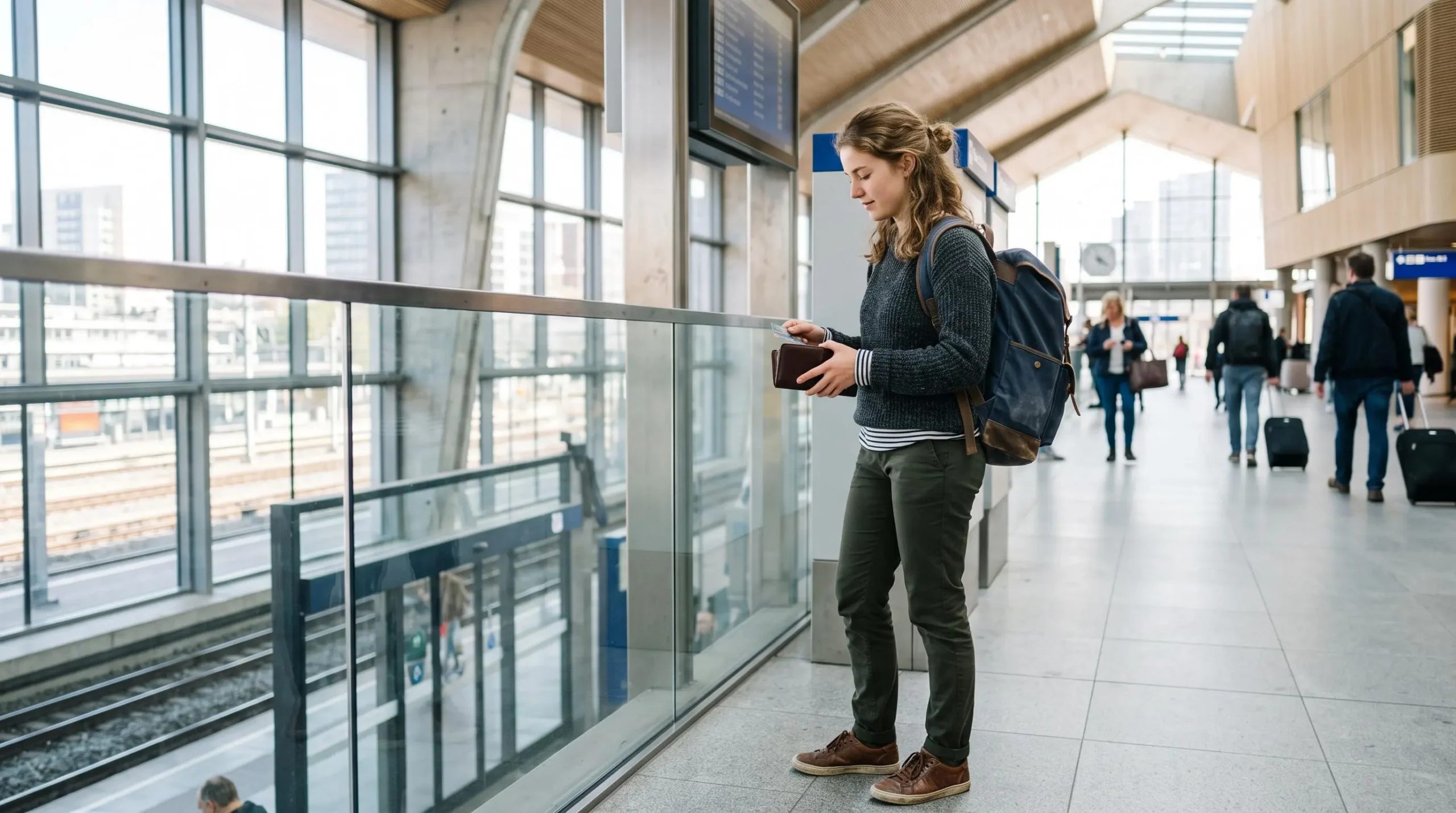 Jeune voyageur avec sac à dos consultant sa carte bancaire dans un hall de gare ou d'aéroport moderne et lumineux
