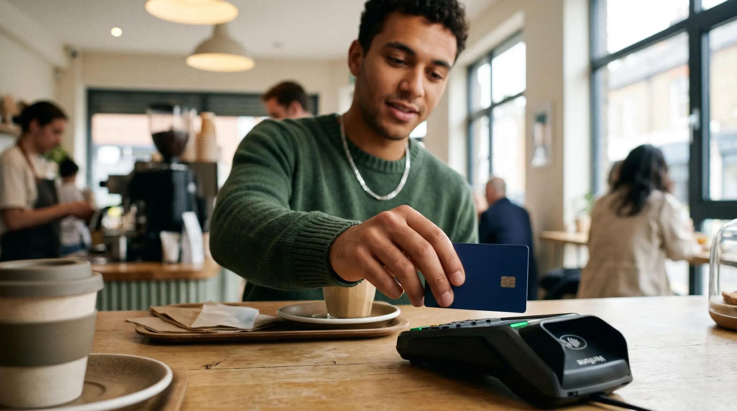 Gros plan d'une main de jeune effectuant un paiement sans contact avec une carte bancaire sur un terminal de paiement moderne