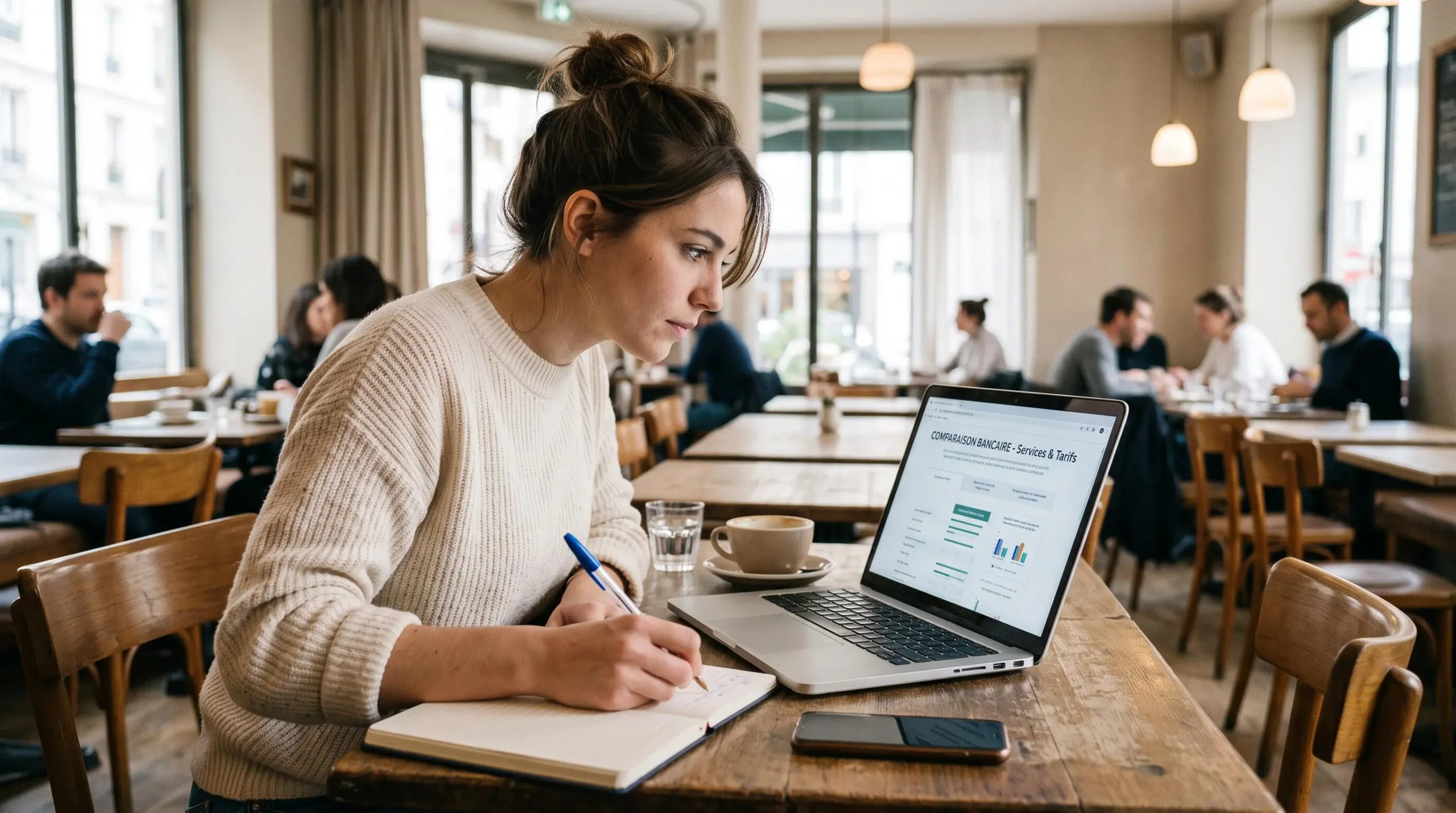 Femme dans un café comparant des offres bancaires sur son ordinateur portable et prenant des notes