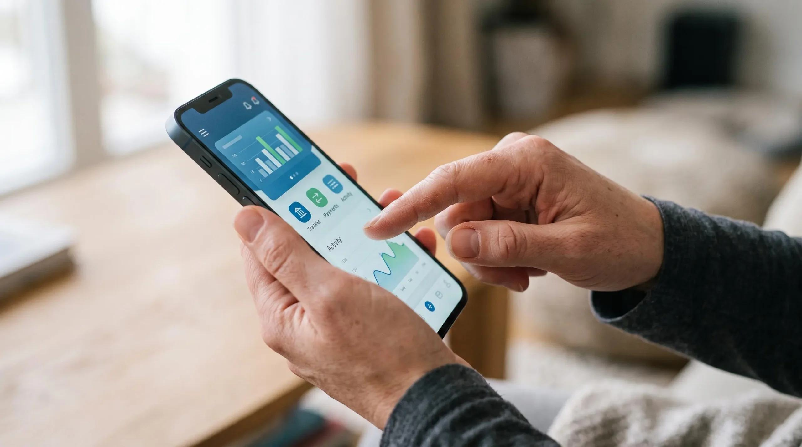Gros plan sur des mains tenant un smartphone et consultant une application bancaire mobile